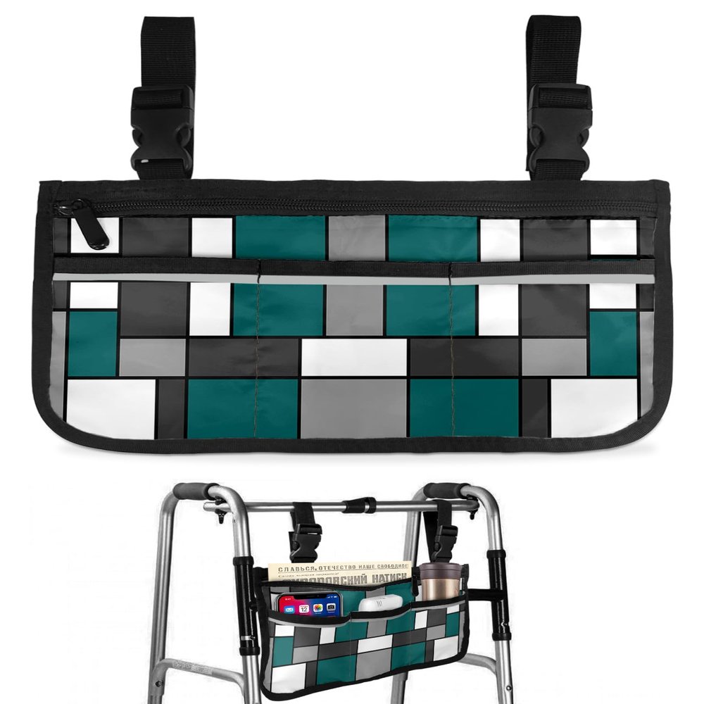 Teal Geometric Wheelchair Side Bag Walker Bag, Turquoise Middle Century Black Gray Wheelchair Accessories Armrest Pouch, Organizer Storage Bag for Walkers, Rollators, Scooters, 7.3''x13''