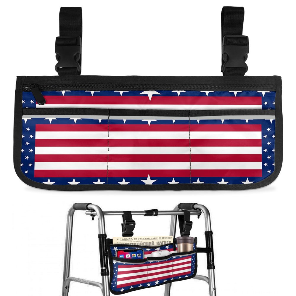 4th of July Wheelchair Side Bag Walker Bag, American Flag Star Independence Day Wheelchair Accessories Armrest Pouch, Organizer Storage Bag for Walkers, Rollators, Scooters, 7.3''x13''