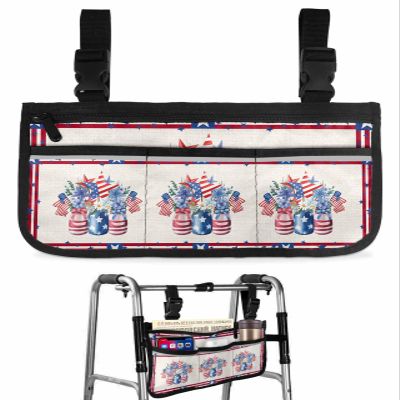 4th of July Florals Wheelchair Side Bag Walker Bag, Independence Day Flowers Vase Rustric Wheelchair Accessories Armrest Pouch, Organizer Storage Bag for Walkers, Rollators, 7.3''x13''