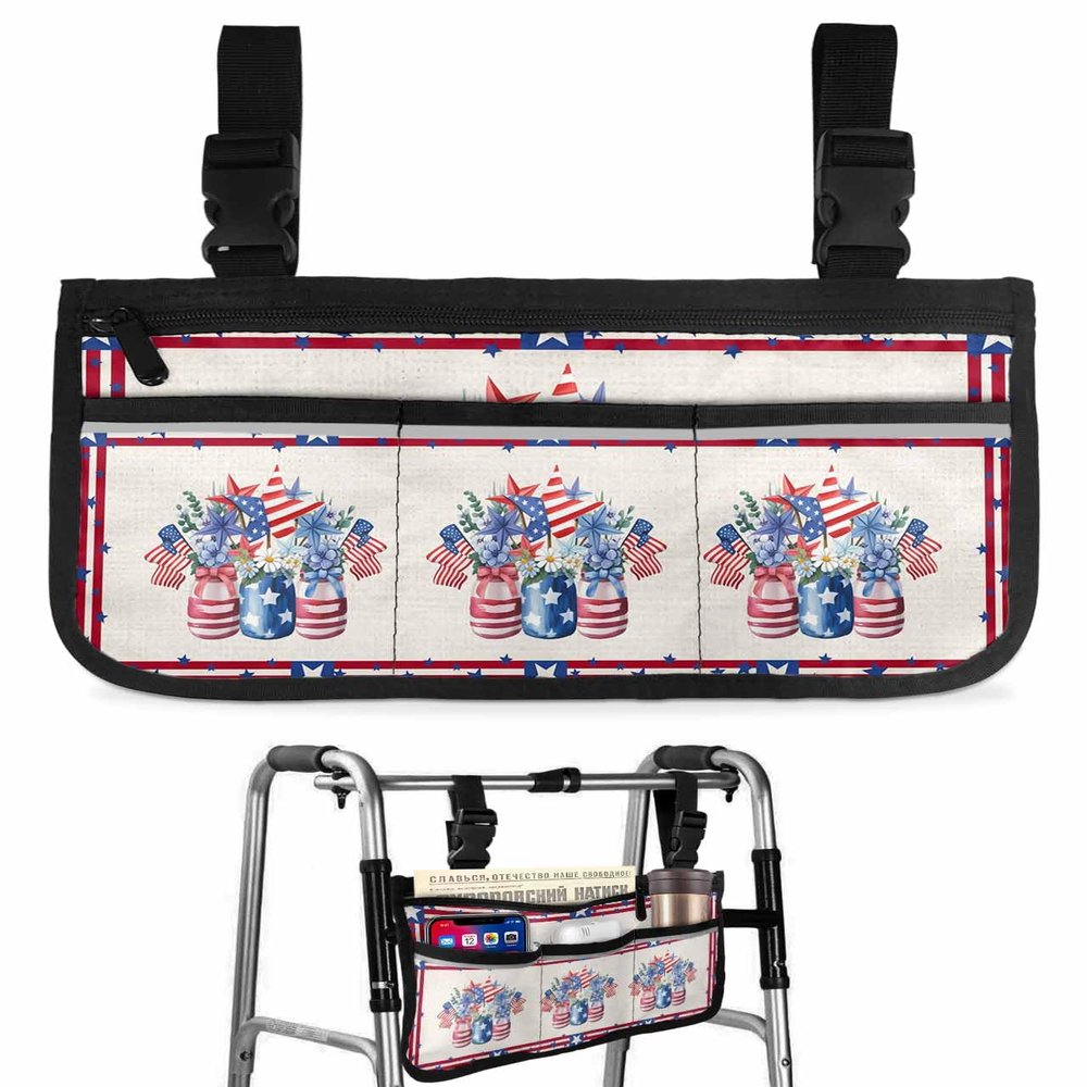 4th of July Florals Wheelchair Side Bag Walker Bag, Independence Day Flowers Vase Rustric Wheelchair Accessories Armrest Pouch, Organizer Storage Bag for Walkers, Rollators, 7.3''x13''