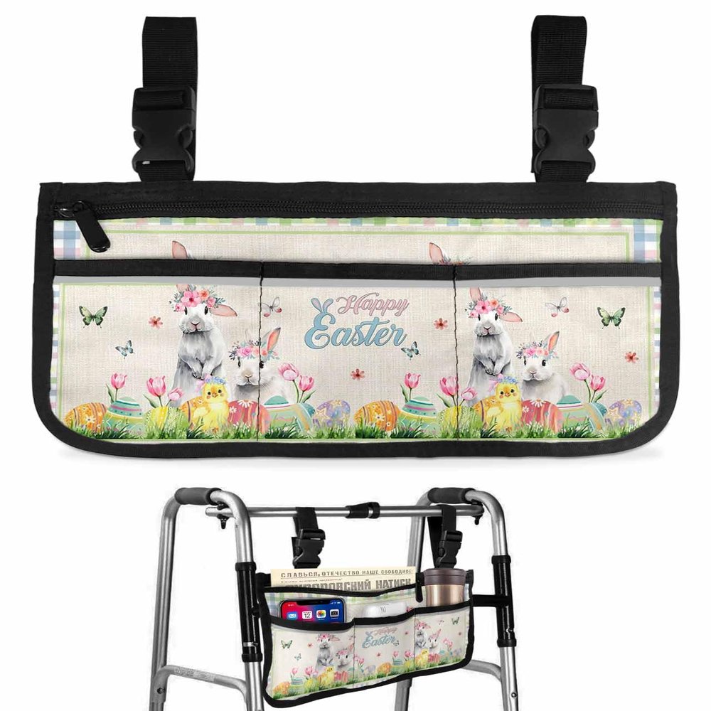 Easter Bunny Wheelchair Side Bag Walker Bag, Sping Watercolor Flowers Eggs Colorful Buffalo Plaid Wheelchair Accessories Armrest Pouch, Organizer Storage Bag for Walkers, Rollators, 7.3''x13''