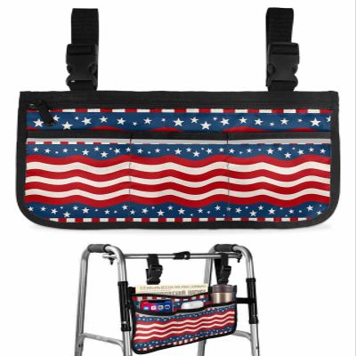 4th of July Wheelchair Side Bag Walker Bag, Wave American Flag Star Independence Day Patriotic Wheelchair Accessories Armrest Pouch, Organizer Storage Bag for Walkers, Rollators, 7.3''x13''