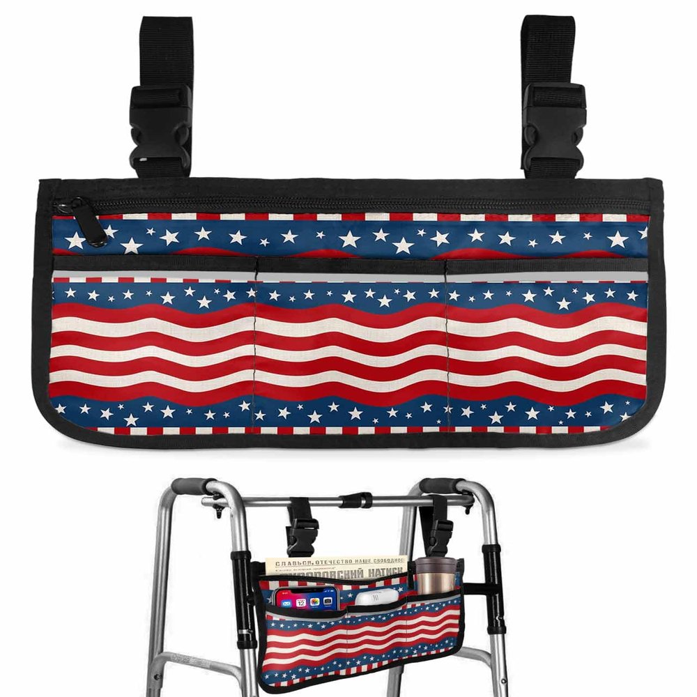 4th of July Wheelchair Side Bag Walker Bag, Wave American Flag Star Independence Day Patriotic Wheelchair Accessories Armrest Pouch, Organizer Storage Bag for Walkers, Rollators, 7.3''x13''