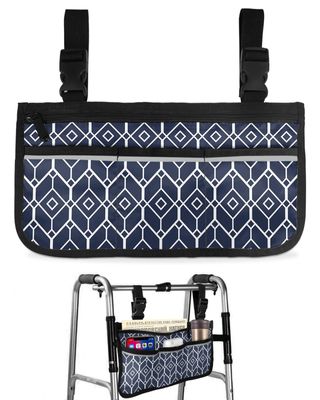 Navy Blue Geometric Wheelchair Side Bag Walker Bag, White Diamond Simple Drawn Wheelchair Accessories Armrest Pouch, Organizer Storage Bag for Walkers, Rollators, Scooters, 7.3''x13''