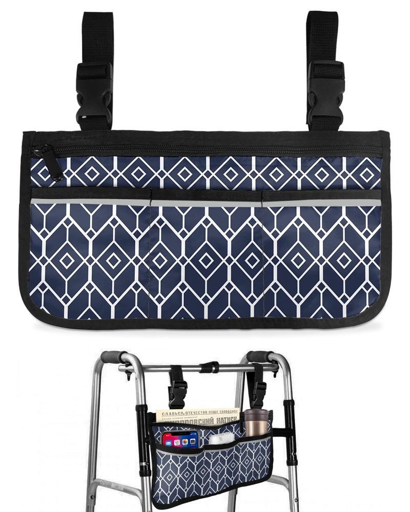 Navy Blue Geometric Wheelchair Side Bag Walker Bag, White Diamond Simple Drawn Wheelchair Accessories Armrest Pouch, Organizer Storage Bag for Walkers, Rollators, Scooters, 7.3''x13''