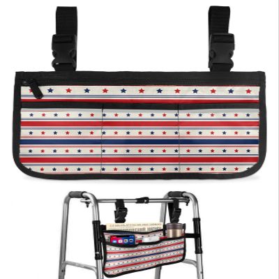 4th of July Stripes Wheelchair Side Bag Walker Bag, Vintage Independence Day Star Wheelchair Accessories Armrest Pouch, Organizer Storage Bag for Walkers, Rollators, Scooters, 7.3''x13''