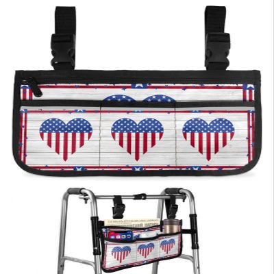4th of July Wheelchair Side Bag Walker Bag, American Flag Heart Star on Wood Red Striped Wheelchair Accessories Armrest Pouch, Organizer Storage Bag for Walkers, Rollators, Scooters, 7.3''x13''
