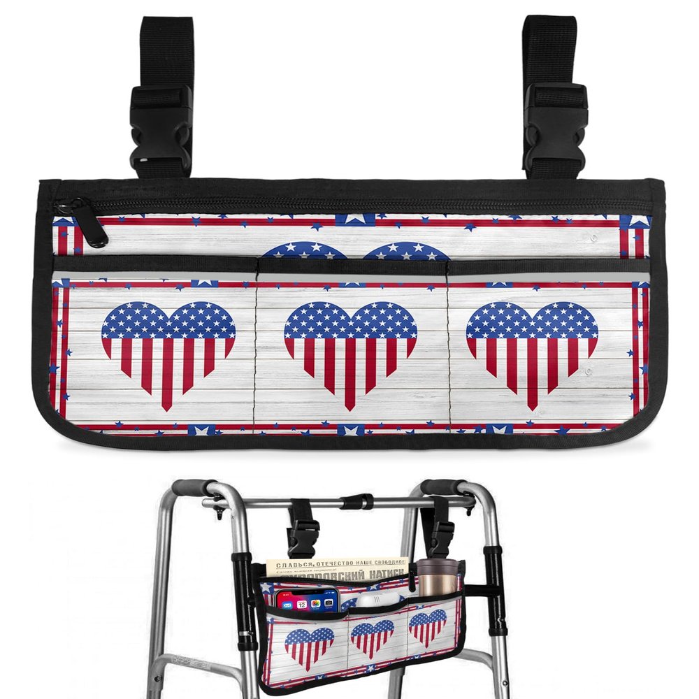 4th of July Wheelchair Side Bag Walker Bag, American Flag Heart Star on Wood Red Striped Wheelchair Accessories Armrest Pouch, Organizer Storage Bag for Walkers, Rollators, Scooters, 7.3''x13''