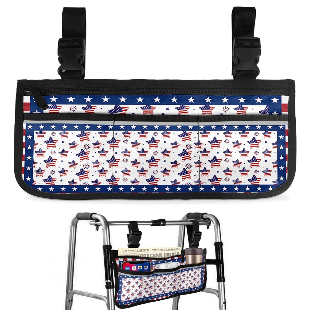4th of July Wheelchair Side Bag Walker Bag, American Flag Star Red White Line Wheelchair Accessories Armrest Pouch, Organizer Storage Bag for Walkers, Rollators, Scooters, 7.3''x13''