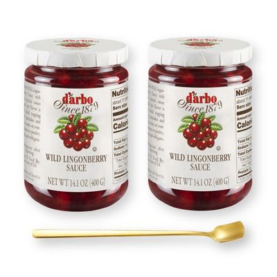 D'Arbo Wild Lingonberry Sauce 14.1 Oz. X 2 Jars with Bonus Gold Stainless Steel Stirring/Spreader Spoon (3-Pc Set)