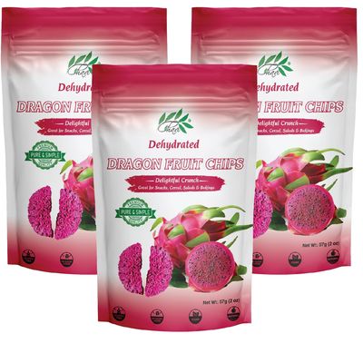 CHAVI Dragon Fruit Chips - Pack of 3 x 2 Oz - Healthy 1 Ingredient Superfood Snack - No Added Sugars or Preservatives - Non-GMO, Vegan, Gluten-Free (Pack of 3)