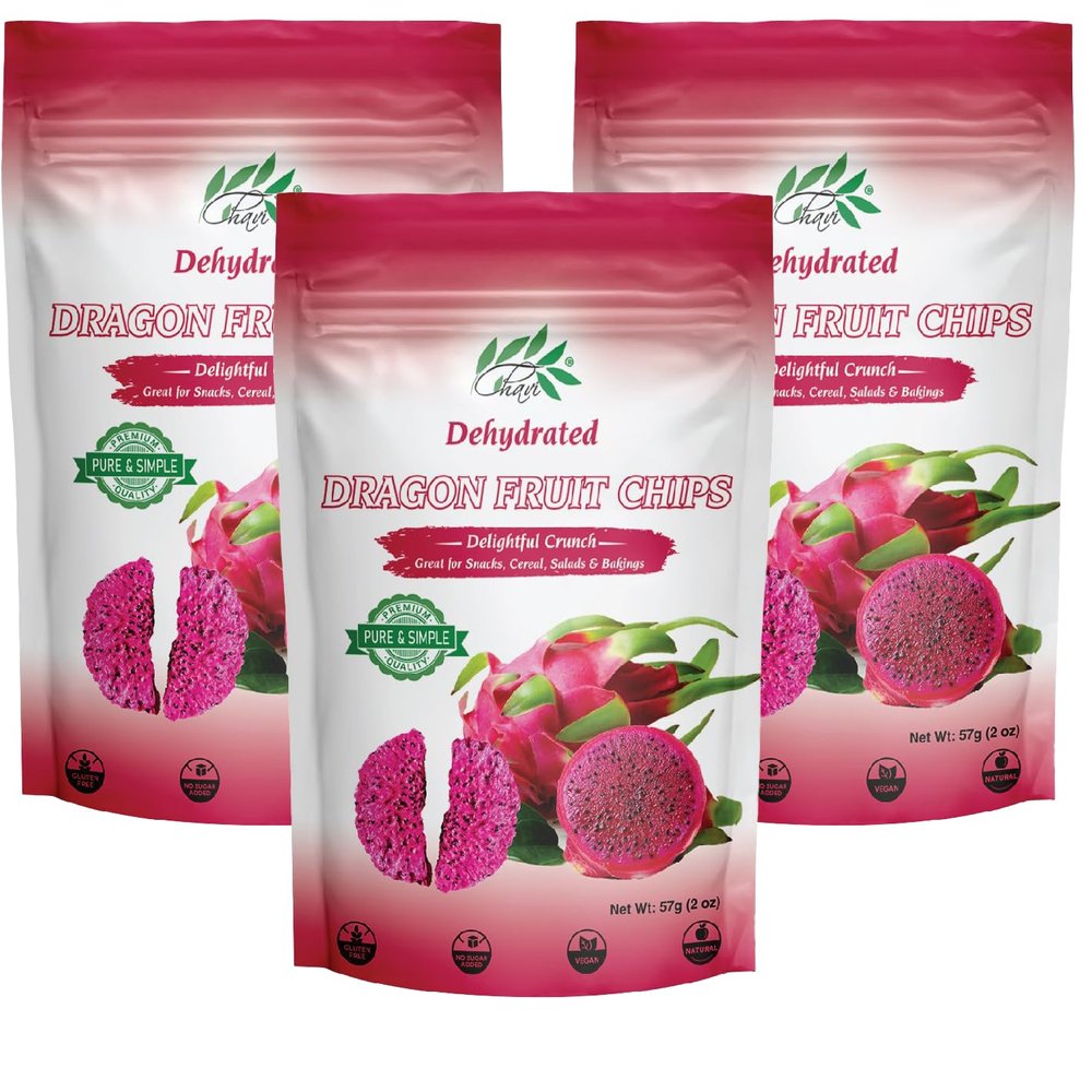 CHAVI Dragon Fruit Chips - Pack of 3 x 2 Oz - Healthy 1 Ingredient Superfood Snack - No Added Sugars or Preservatives - Non-GMO, Vegan, Gluten-Free (Pack of 3)