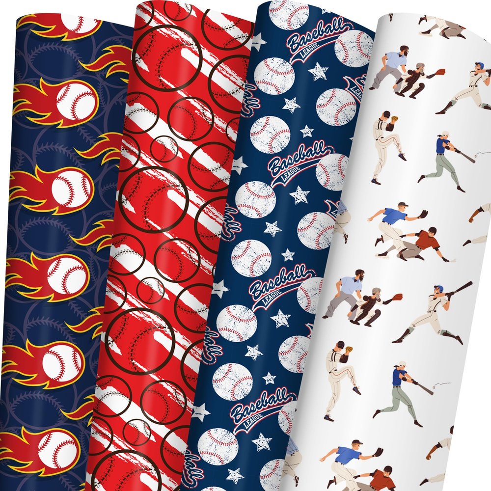 WAPLIGHAL Baseball Wrapping Paper for Kids Boys - Baseball, Flames and Stars Design - Gift Wrapping Paper for Birthday Holiday - 2029 Inches, 8 Folded Sheets