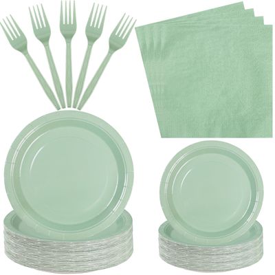100 Count Sage Paper Plates and Napkins - Green Party Tableware Set - Disposable Plates, Napkins and Forks for Wedding, Birthday, Bridal Shower, Baby Shower - Serve 25