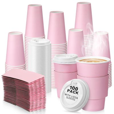 Tioncy 100 Set 16 oz Disposable Pink Coffee Cups with Lids and Sleeves Set Insulated Disposable Hot Travel Paper Cups for Valentine Hot Chocolate Cocoa Coffee Tea Cafe Travel Bar Supplies, Leak Proof