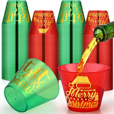 Bokon 120 Pcs 9 oz Christmas Clear Plastic Cups Dark Green and Red Christmas Disposable Wine Cups Disposable Cocktail Clear Plastic Tumblers for Xmas Parties Holiday Drinking