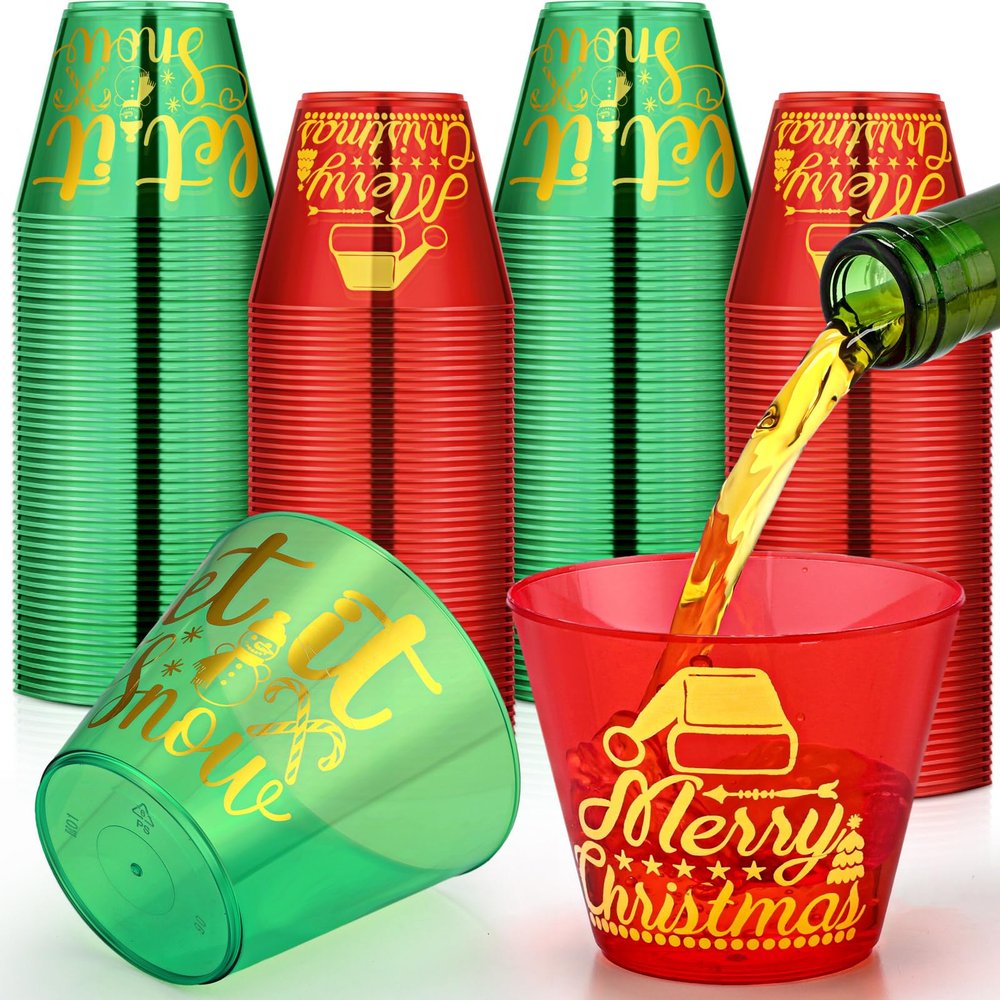 Bokon 120 Pcs 9 oz Christmas Clear Plastic Cups Dark Green and Red Christmas Disposable Wine Cups Disposable Cocktail Clear Plastic Tumblers for Xmas Parties Holiday Drinking