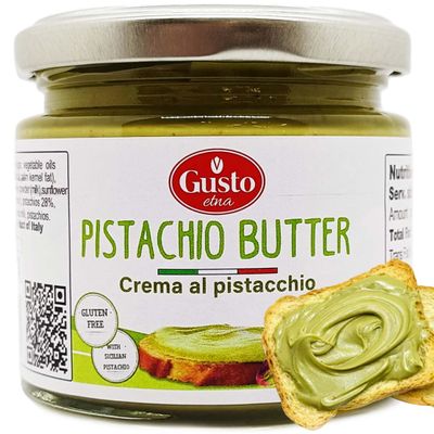 GUSTO ETNA Sicilian Pistachio Cream  35% Pistachios, Sweet Spreadable Butter, 6.7 oz (190g) Rich & Nutty Pistachios Cream for Knafeh Dubai Pistachio Chocolate Bars, Product of Sicily, Italy