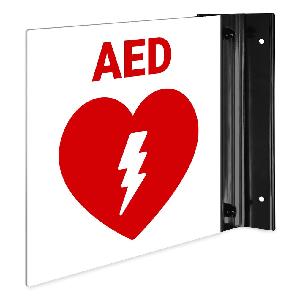 AED Automated External Defibrillator Projecting Sign, Double Sided, 6x6 Inches, ACM, with Satin Black Accessory, Made in USA