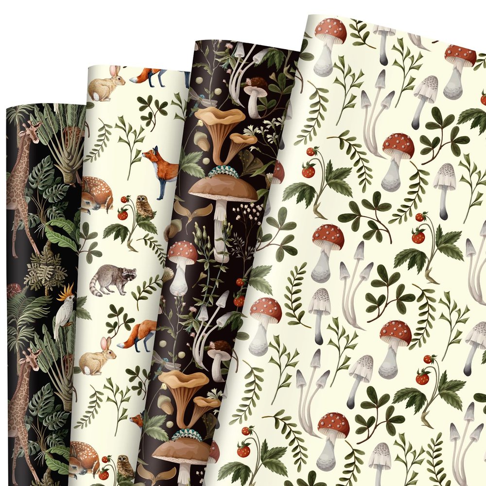 AnyDesign Wrapping Paper Black White Animal Mushroom Gift Wrap Paper Bulk Folded Flat Giraffe Fox Print Art Paper for Wedding Birthday DIY Crafts Gift Wrapping, 19.7 x 27.6 Inch,8 Sheet