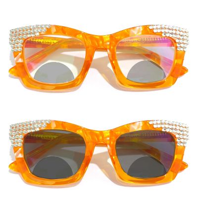 willochra Oversized Rhinestone Bling Reading Glasses for Women Photochromic Bifocal Presbyopia Diamond Eyewear (yellow, 1.5, multiplier_x)