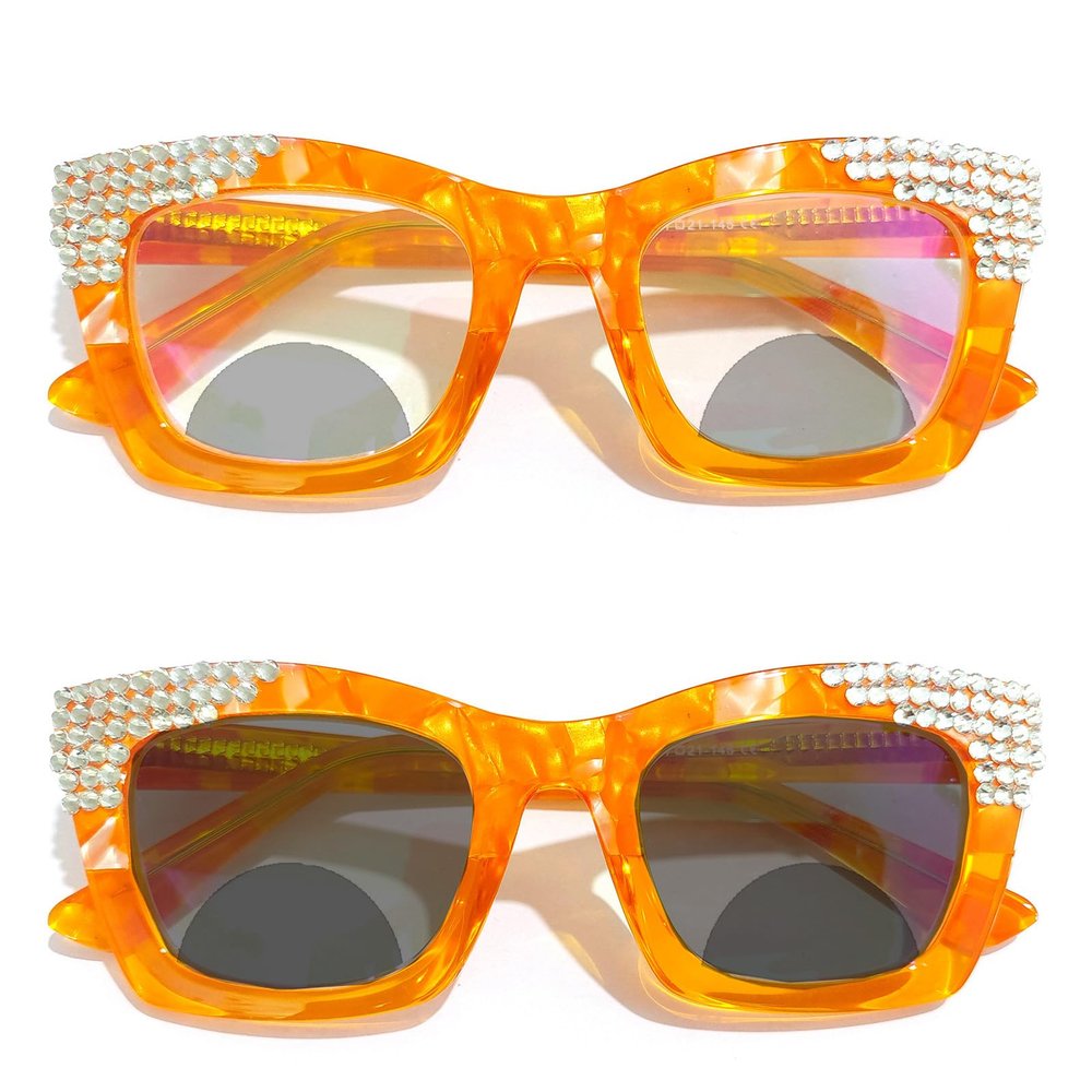 willochra Oversized Rhinestone Bling Reading Glasses for Women Photochromic Bifocal Presbyopia Diamond Eyewear (yellow, 1.5, multiplier_x)