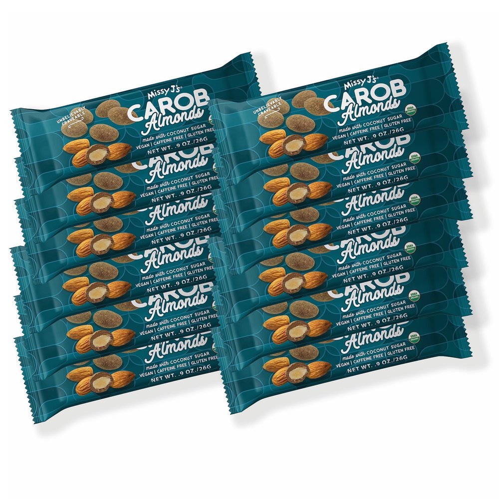 Missy J's Organic Carob Covered Almonds .9 Oz 12 Packs, Vegan Gluten Free, Substitute for Snacks and Treats, Perfect for Snacks and Treats