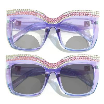 oversized square Photochromic Bifocal Reading Glasses Women bling Rhinestone Readers Sunglasses (purple, 2.5, multiplier_x)