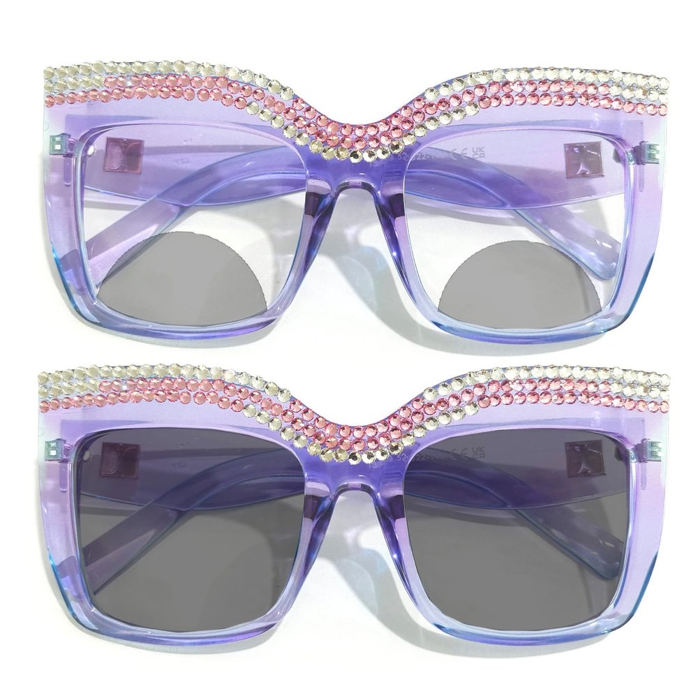 oversized square Photochromic Bifocal Reading Glasses Women bling Rhinestone Readers Sunglasses (purple, 2.5, multiplier_x)