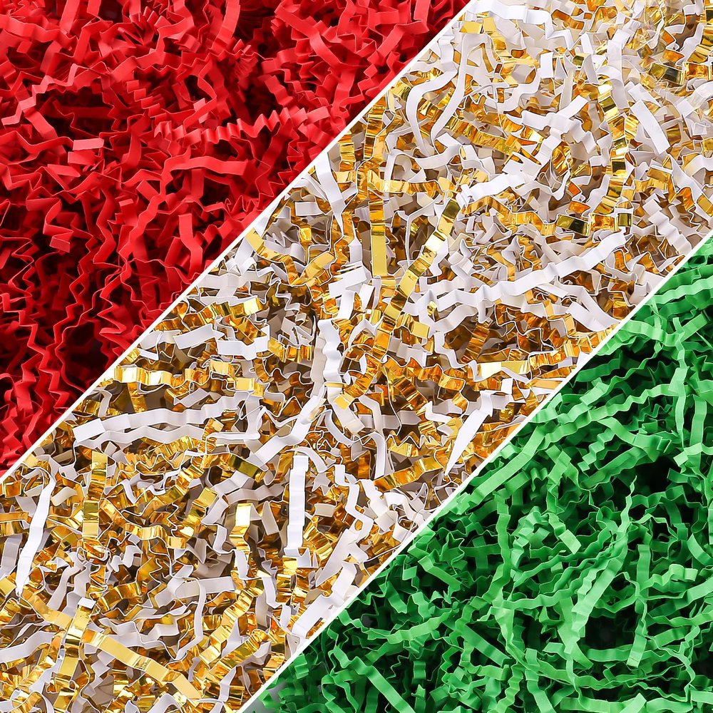 Christmas Crinkle Cut Paper Shred 300g/10.6oz - Red, Green, Gold Raffia Confetti Filler for Gift Baskets, Boxes, Xmas Party Supply