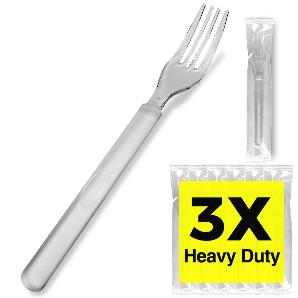 3X Heavy Duty Clear Plastic Forks Individually Wrapped, Sturdy Like Silverware, 100 Pack Disposable Forks Bulk, Packaged To-Go Utensil Set, Perfect for Event Catering, Restaurant and Take Out.