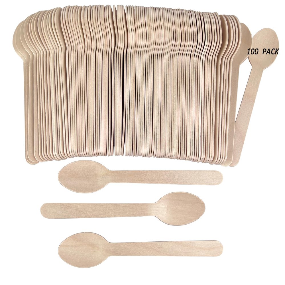 100PCS Wooden Spoons Disposable - 6.3 Inch Natural Bamboo Spoons, Compostable and Biodegradable, Ideal for Eating, Crafts, Weddings, Picnics, BBQs, Birthdays and Outdoor Events