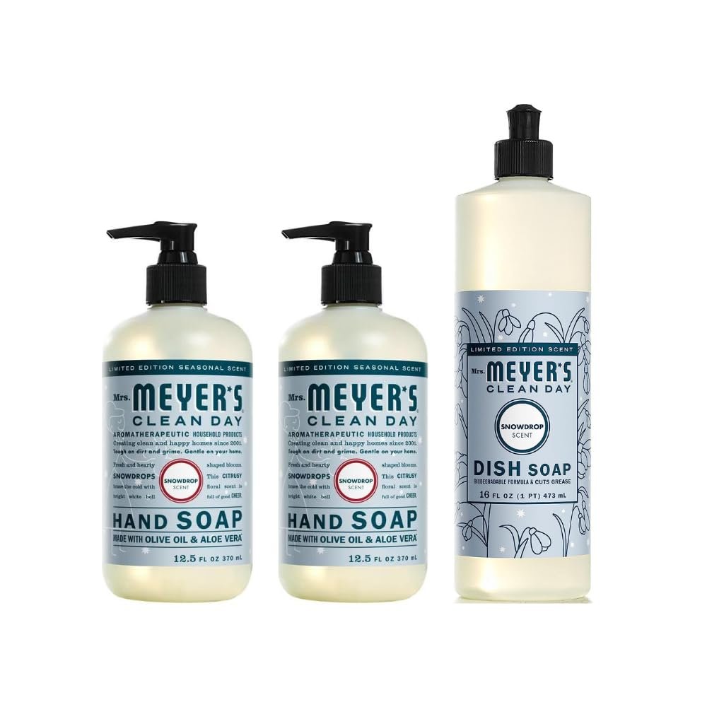 Mrs. MEYER'S CLEAN DAY Variety, 2 Liquid Hand Soap 12.5 OZ, 1 Liquid Dish Soap, 16 FL OZ, 1 CT (Snow Drop)