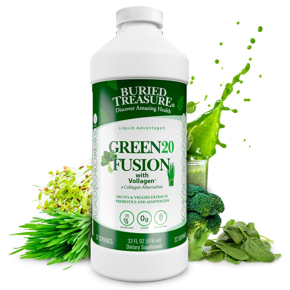 Buried Treasure Green20 Fusion  Superfood Blend with Vollagen for Skin, Hair, and Joint Support, Plant-Based, Vegan, Non-GMO Gluten-Free, Dairy-Free, Soy-Free, 32oz Liquid
