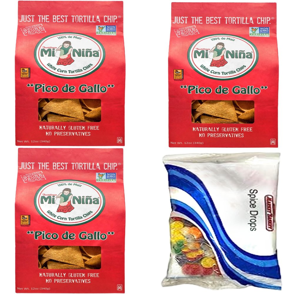 Mi Nina Tortilla Chips Pico de Gallo, 12 oz | Just a better chip, Naturally, Gluten Free, Made with organic white corn (Pack of 3) + Candy Spice Drops 12oz