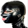 Black Latex Hood Mask with Removable Blindfold and Mouth Piece Gag Nose Nasal Tube Back Zipper Open Eyes Mouth Nose,Black 0.6mm Thick,Small view 1