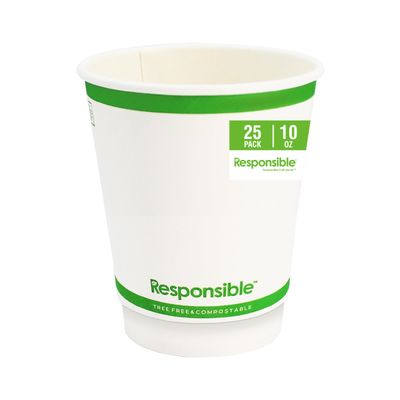 Responsible Products 10 oz Double Wall Insulated Paper Coffee Cups (25 Count)  Smooth Wall Insulated To Go Coffee Cups - Natural White, Compostable, Eco-Friendly, Disposable Hot Beverage Cups