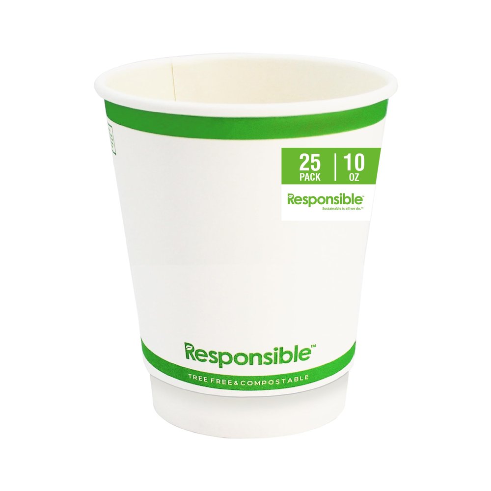 Responsible Products 10 oz Double Wall Insulated Paper Coffee Cups (25 Count) Smooth Wall Insulated To Go Coffee Cups - Natural White, Compostable, Eco-Friendly, Disposable Hot Beverage Cups