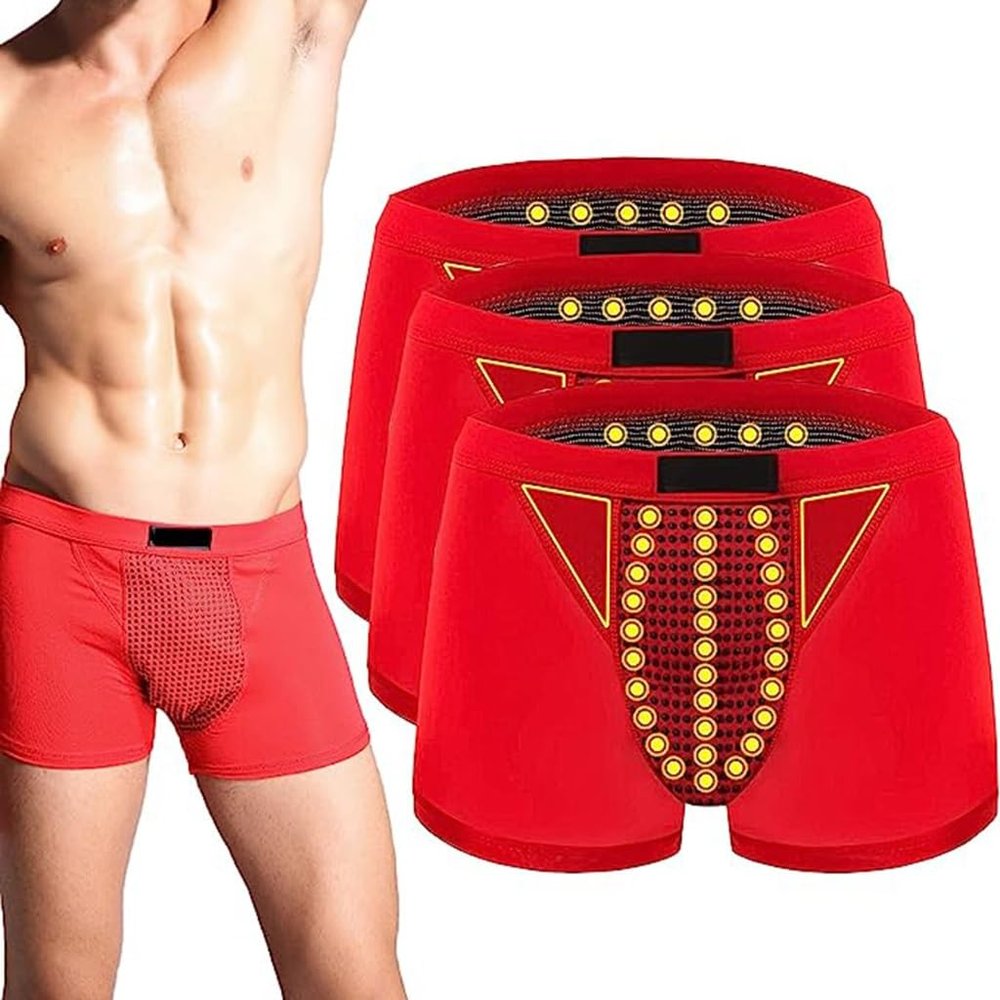 Mens Inner Pants Health Care Tourmaline Magnetic Therapy Enlargement Underwear Improving Male Power Boxer Briefs (Color : 3pcs-Red, Size : XX-Large)