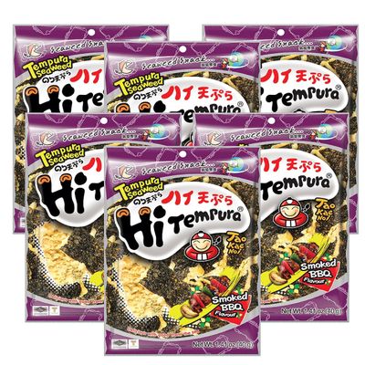 Crispy Tempura Seaweed Chips by Tao Kae Noi, Healthy Nori Snacks for Kids and Adults, Smoked BBQ Flavor, Premium Seaweed, Pack of 6, 40g per Bag