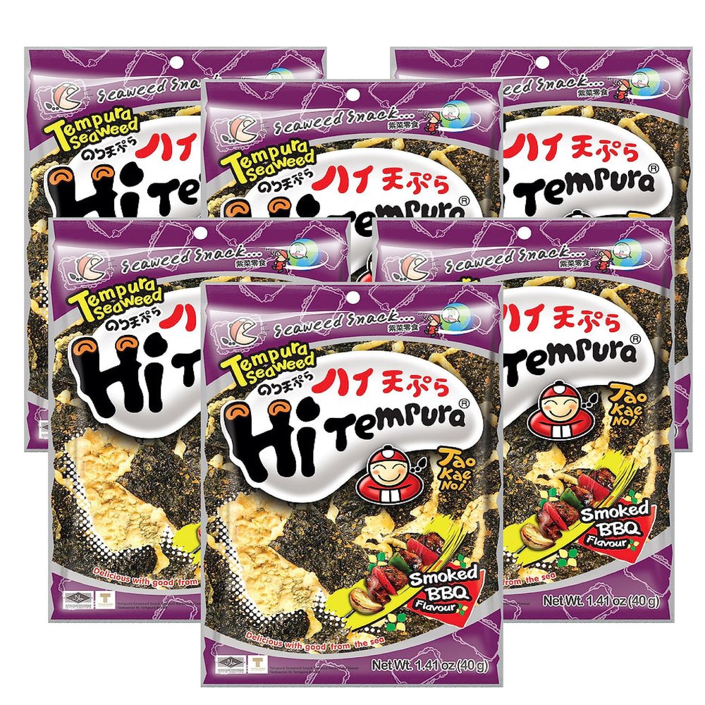 Crispy Tempura Seaweed Chips by Tao Kae Noi, Healthy Nori Snacks for Kids and Adults, Smoked BBQ Flavor, Premium Seaweed, Pack of 6, 40g per Bag