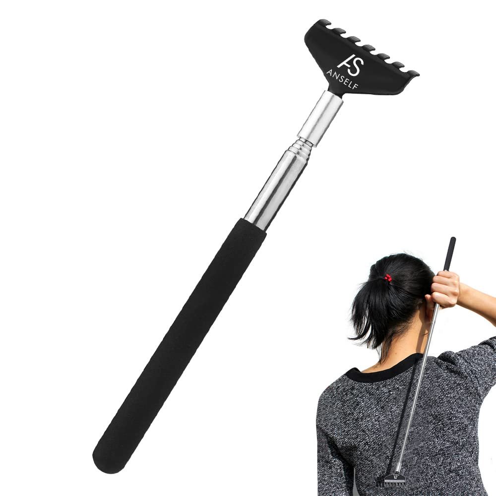Layhou Anself Telescopic Back Scratcher Massager Metal Compact Extendable 5 Section 20-68cm Black