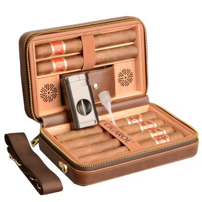 CIGAROL Travel Cigar Humidor Case with Shoulder Strap, Leather & Wood Box for 6 Cigars, with Cigar Lighter, Cutter and Humidifier, Portable for Business & Leisure(Brown)