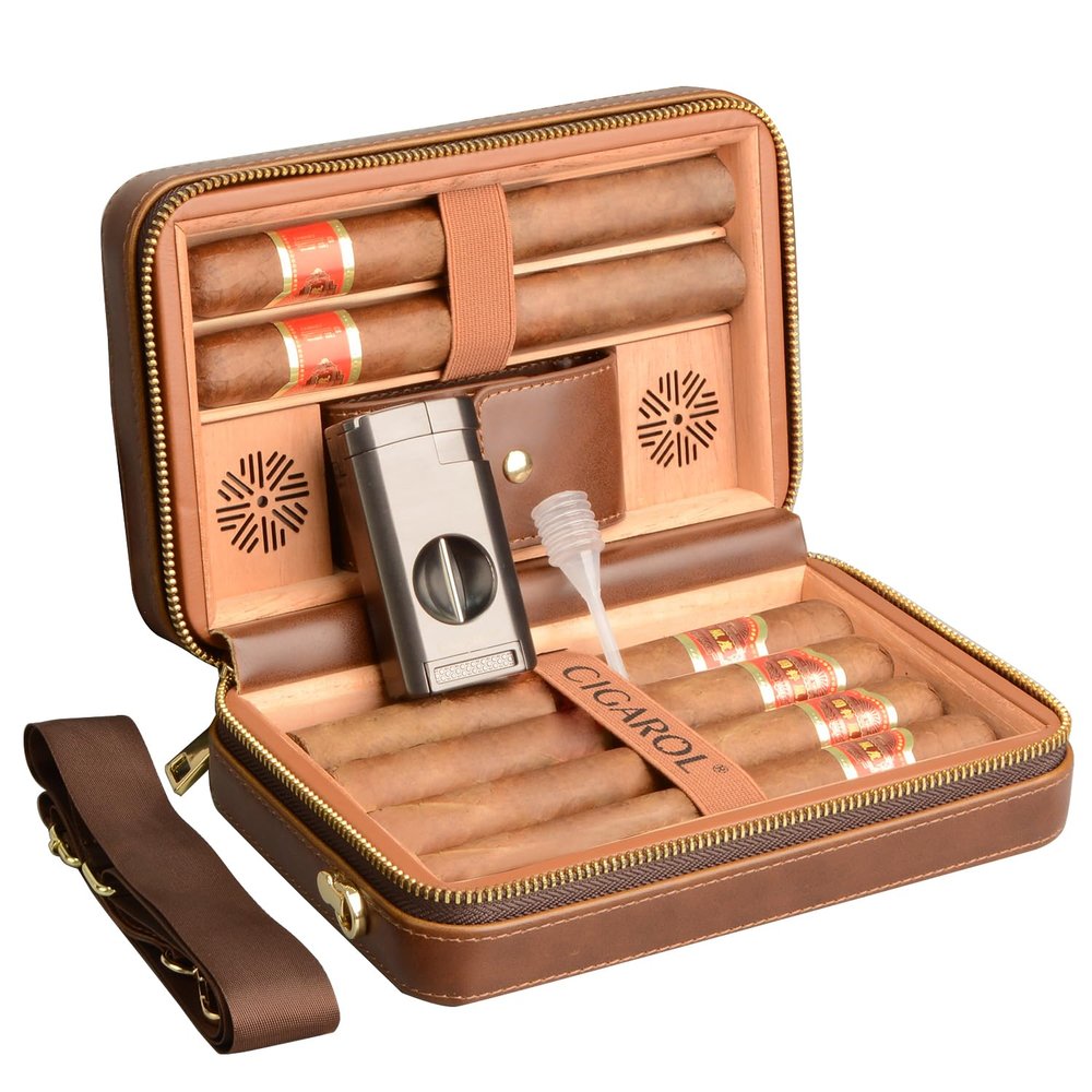 CIGAROL Travel Cigar Humidor Case with Shoulder Strap, Leather & Wood Box for 6 Cigars, with Cigar Lighter, Cutter and Humidifier, Portable for Business & Leisure(Brown)