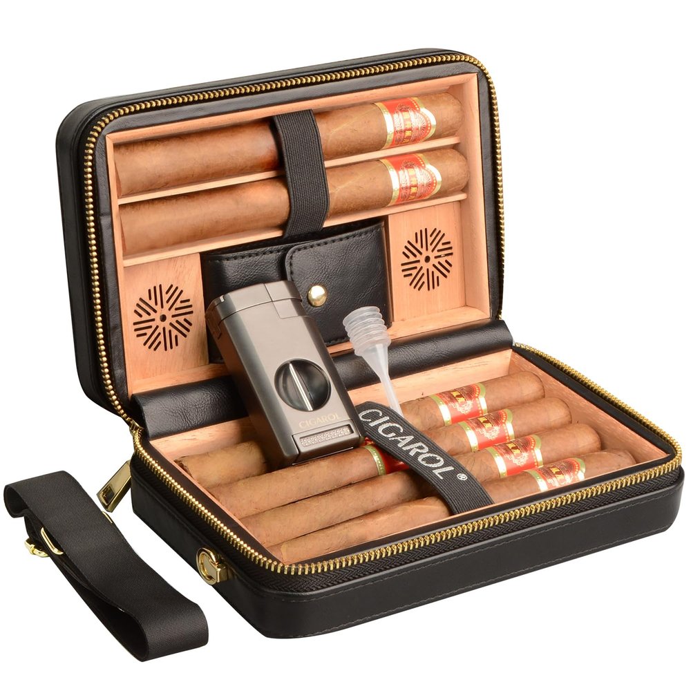 CIGAROL Travel Cigar Humidor Case with Shoulder Strap, Leather & Wood Box for 6 Cigars, with Cigar Lighter, Cutter and Humidifier, Portable for Business & Leisure(Black)