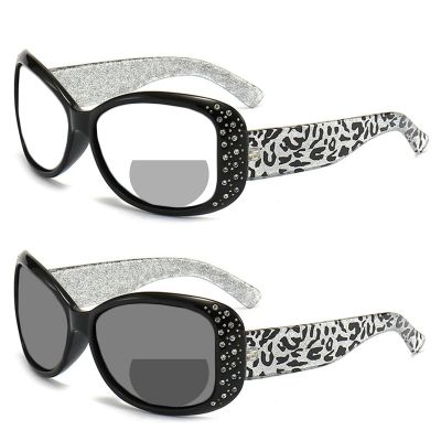2023 Transition Photochromic round Bifocal Reading Glasses For Women Presbyopia Rhinestone Readers Sunglasses (black white, 2.25, multiplier_x)