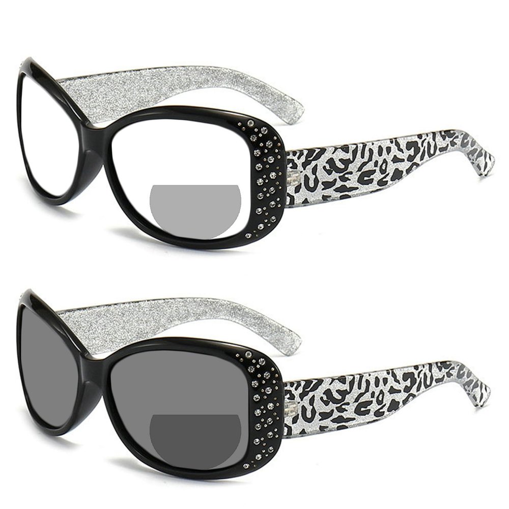 2023 Transition Photochromic round Bifocal Reading Glasses For Women Presbyopia Rhinestone Readers Sunglasses (black white, 2.25, multiplier_x)