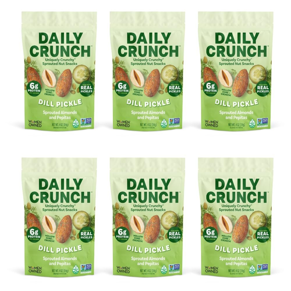 Daily Crunch Sprouted Almonds and Dehydrated nuts for a Unique Crunch, Keto Friendly, Non-GMO Zero Seed Oils, Gluten Free, 4oz (6 Pack, Dill Pickle)