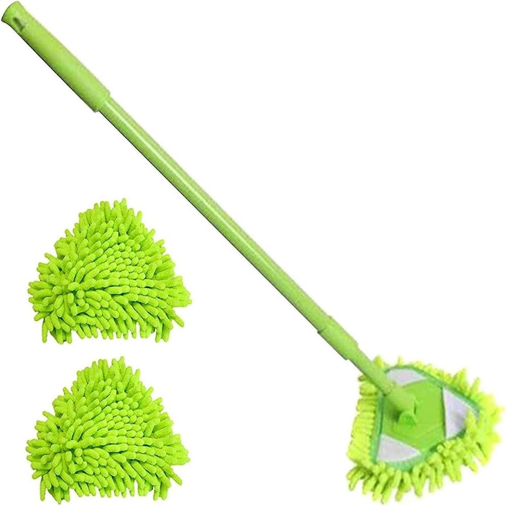 180 Rotatable Adjustable Triangle Cleaning Mop, Wet and Dry Mop with Extendable Long Handle, Cleaning Mops with 2 Reusable Mops Heads for Bathroom Floor Wall Sofa Bed Bottom (Green)