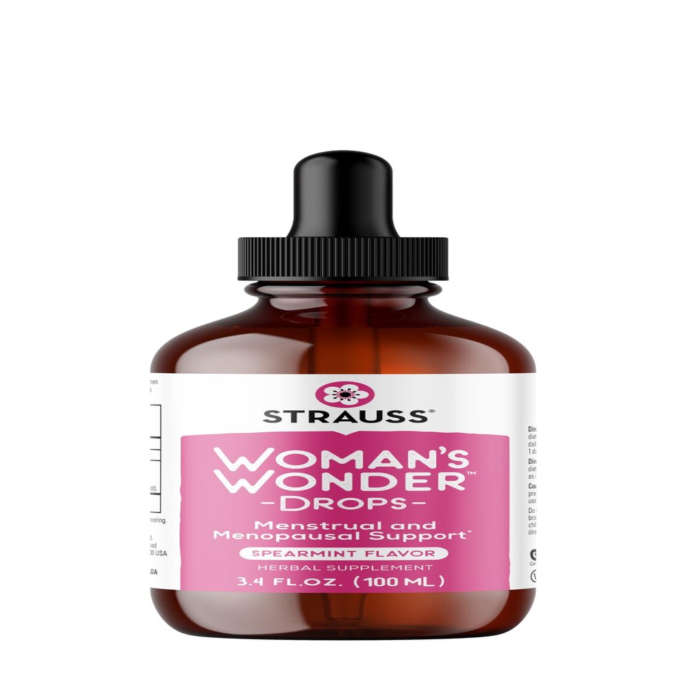 Strauss Heartdrops Woman's Wonder Drops; Menstrual & Menopausal Support Supplement in Spearmint Flavour, Natural Formula, Gluten-Free, Soy-Free, Non-GMO, 3.4oz Bottle